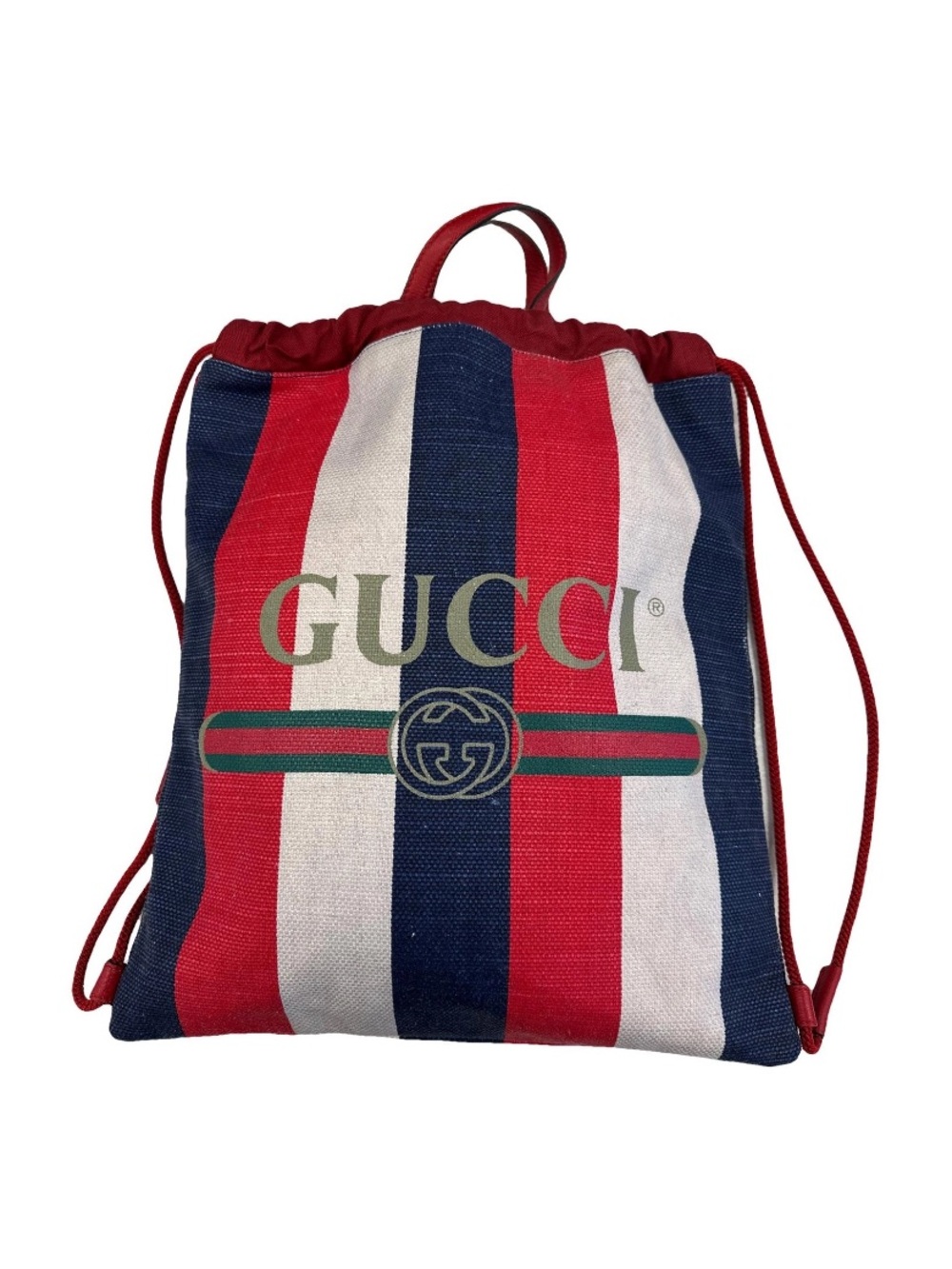 Gucci Red White Blue Striped Drawstring Backpack with Logo